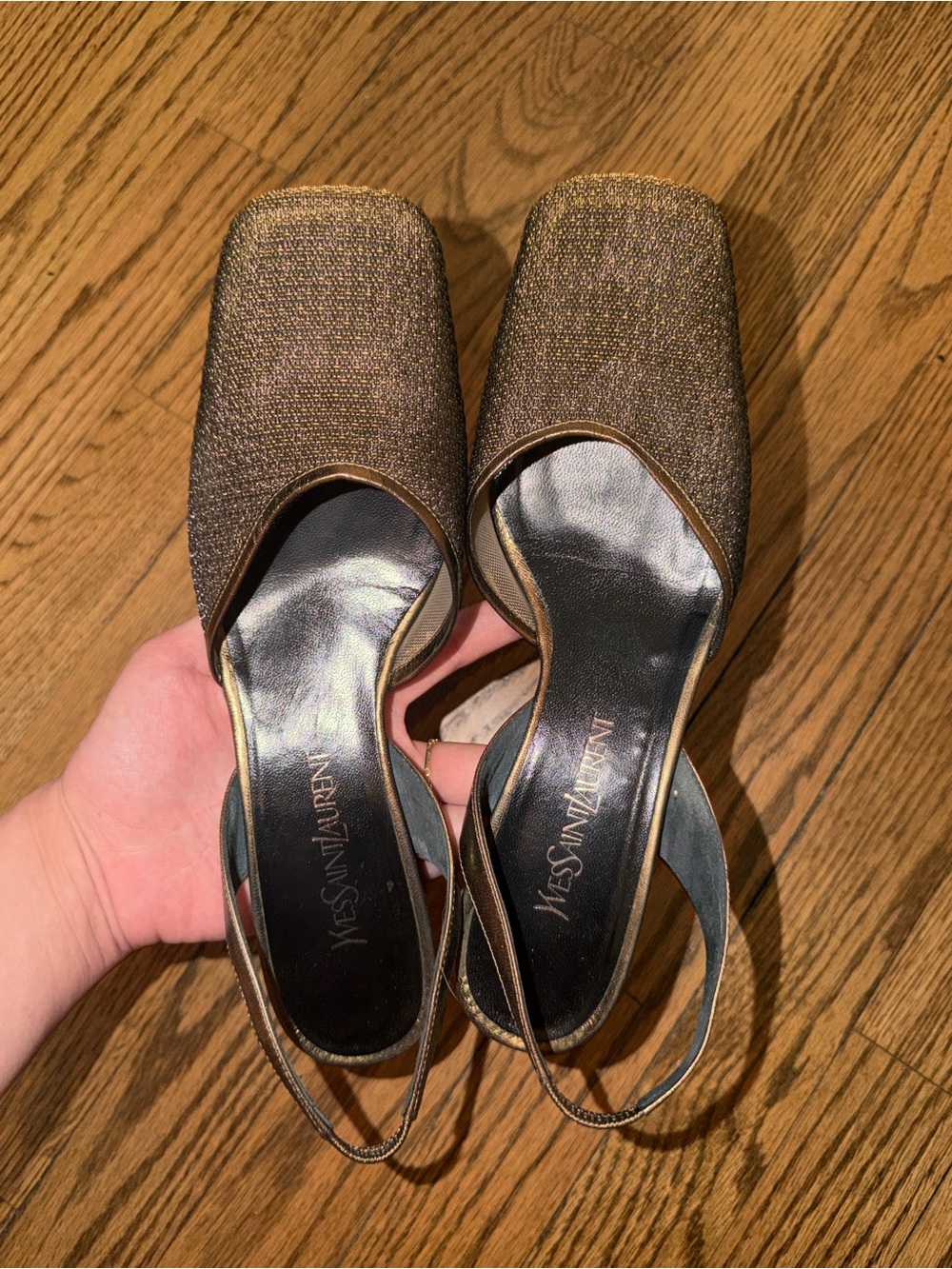 Yves Saint Laurent Bronze Textured Slingback Mules - Picture 4 of 7